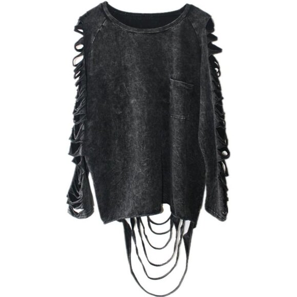Ripped Long Sleeve Faded Distressed Top Pullover Cotton Blend Woman's Xl - Picture 1 of 6